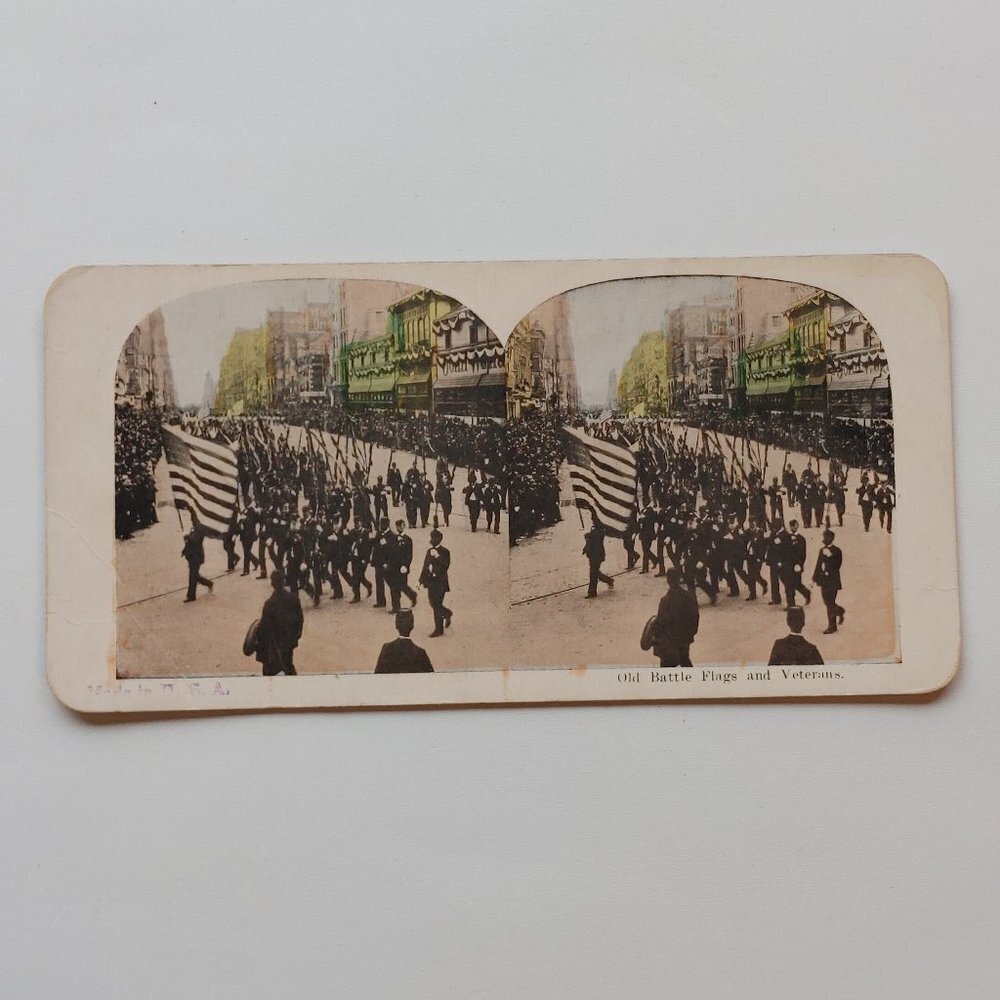 Antique Stereograph Card Battle Flags and Veterans Parade